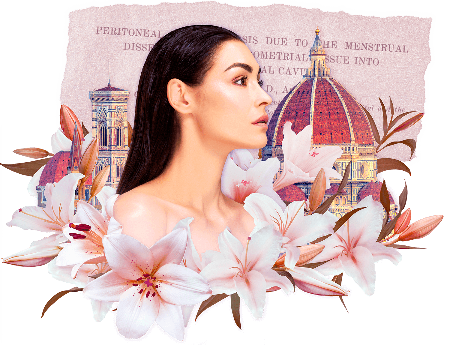 Italian woman surrounded by lily flowers, on a background representing the city of Florence and a torn journal paper